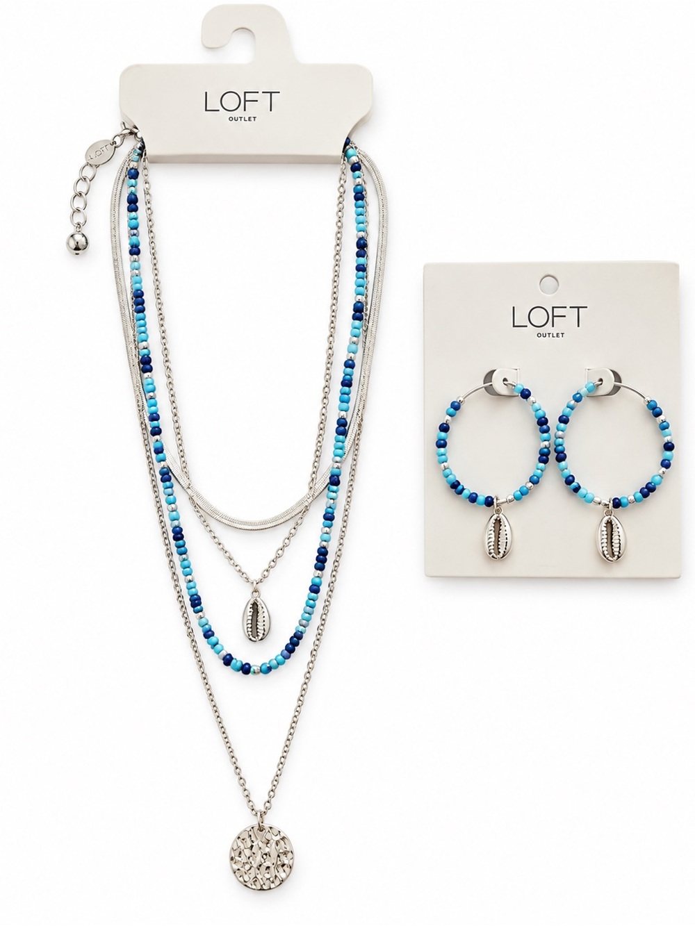 NWT LOFT Blue Beaded Layered Necklace & Shell Hoop Earrings Set